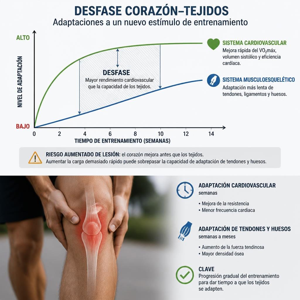 Ilustración del desfase entre la adaptación cardiovascular rápida y la adaptación más lenta de músculos y tendones