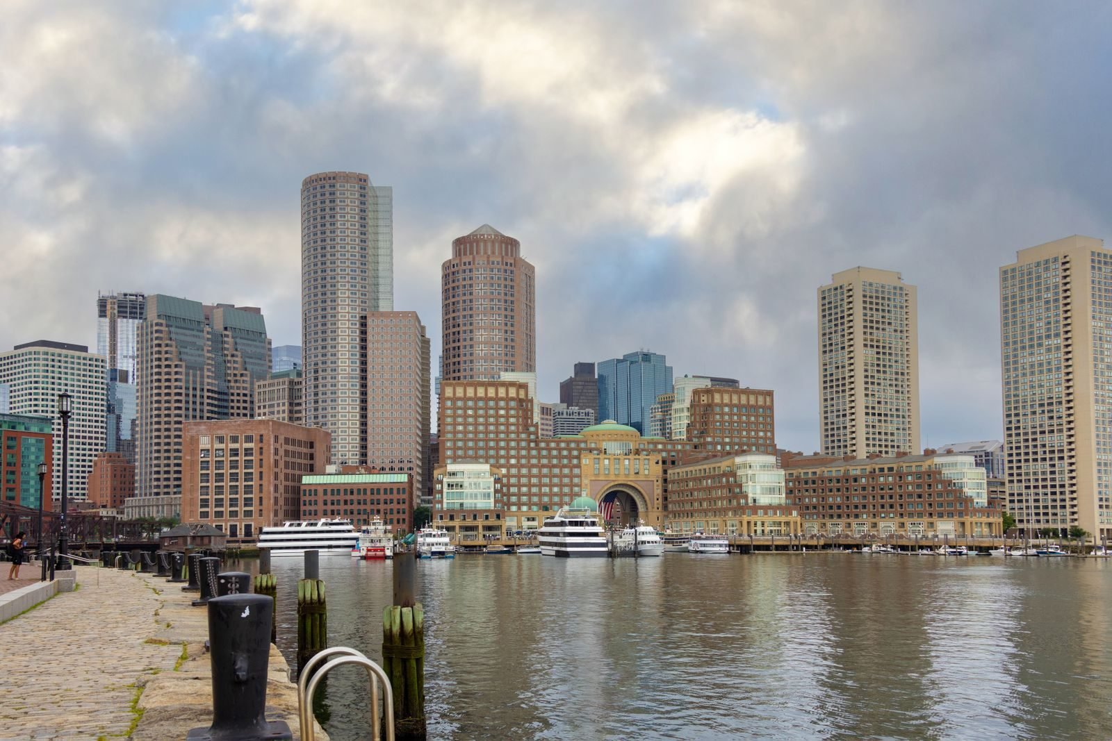 Boston harbor panorama with the skyline reflected in the water