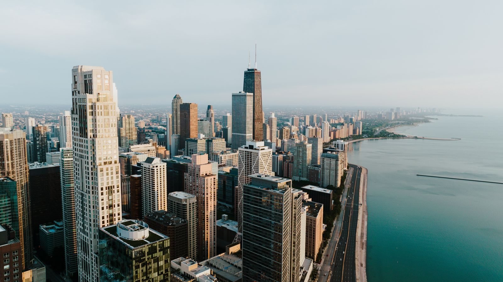 Aerial view of the Chicago skyline along Lake Michigan