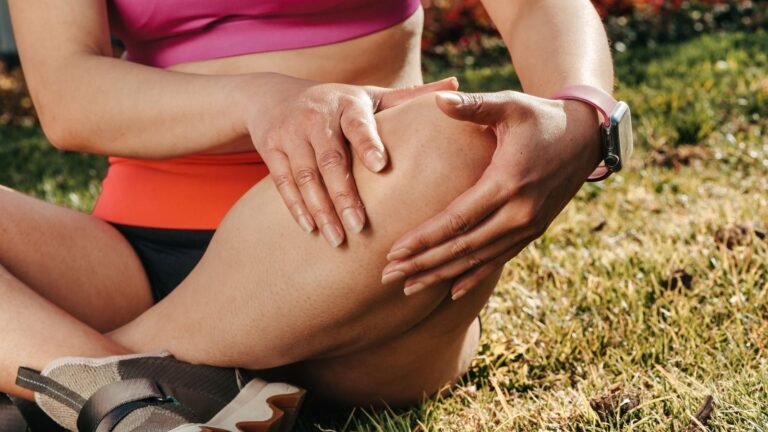Runner sitting on the grass holding her knee because of pain
