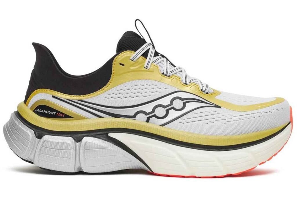 Saucony Paramount Max in gold and white, side view