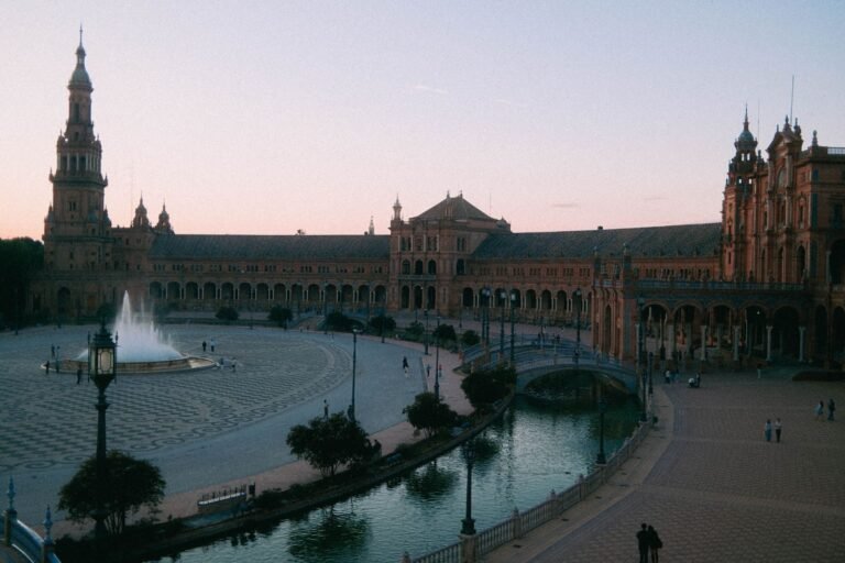 Plaza de España in Seville at twilight, along the Seville Marathon course