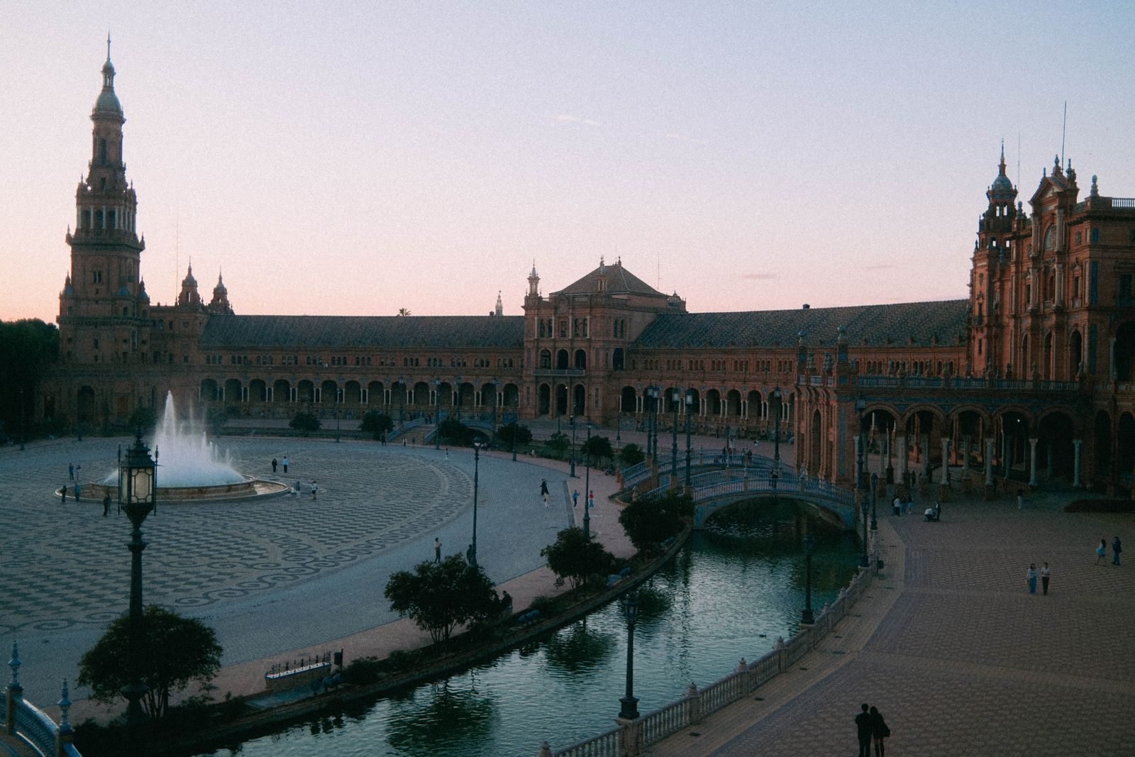 Plaza de España in Seville at twilight, along the Seville Marathon course