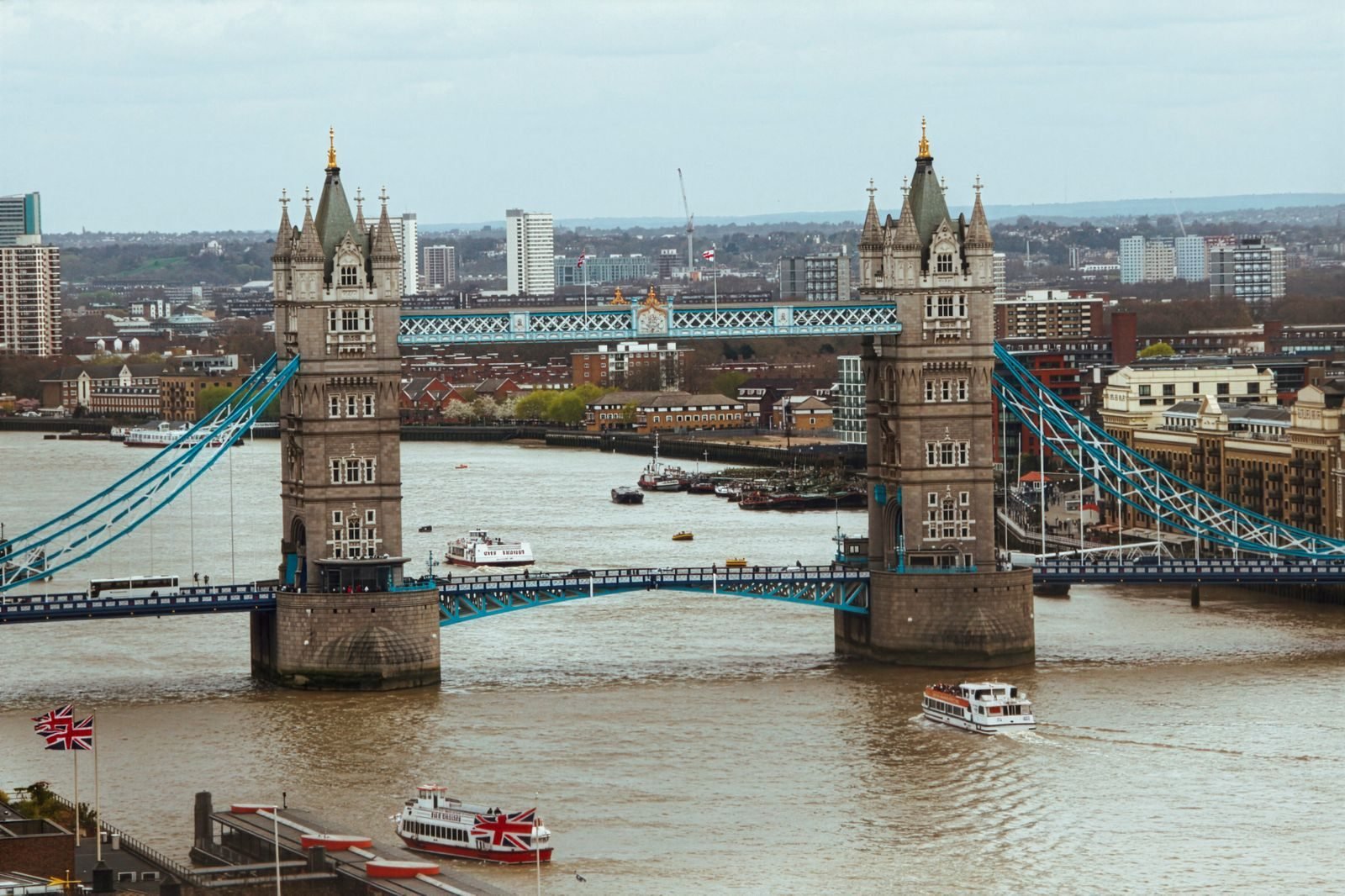 Aerial view of Tower Bridge over the Thames