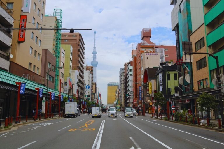 Tokyo street with the Skytree tower in the background, city of the Tokyo Marathon