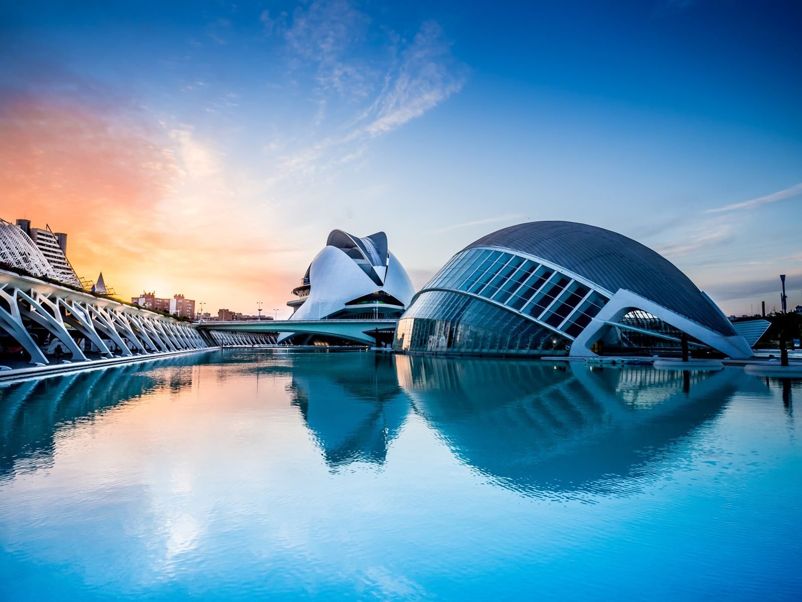 City of Arts and Sciences at sunset with reflections in the water