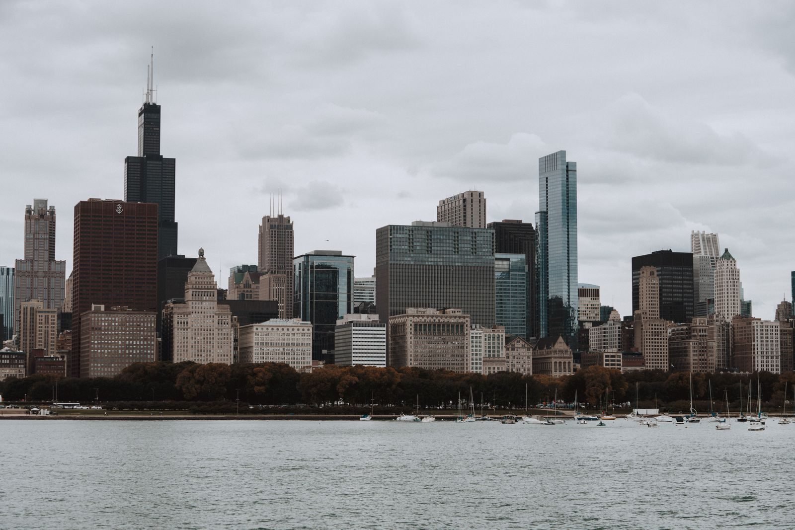 Willis Tower among the Chicago skyscrapers under a cloudy sky